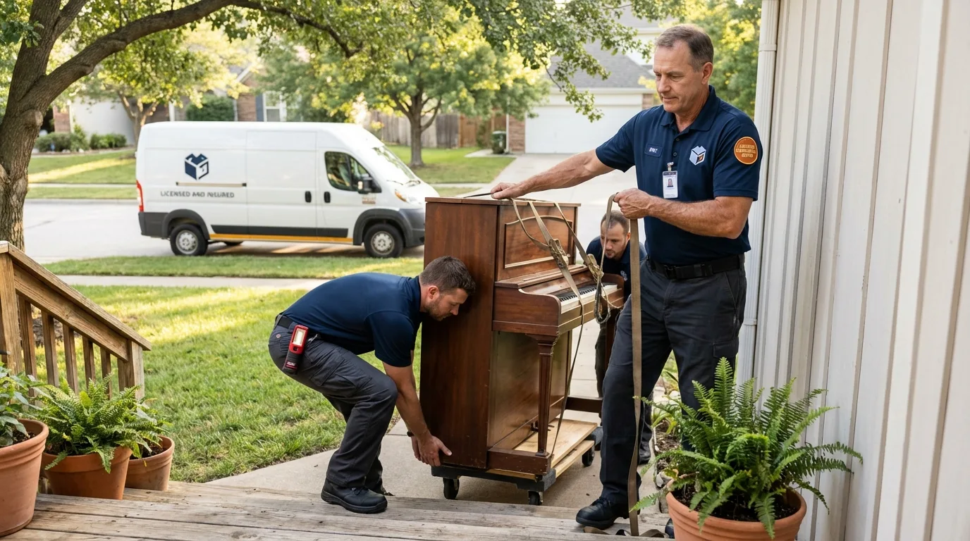 Licensed piano movers securing grand piano in Spring Green, WI