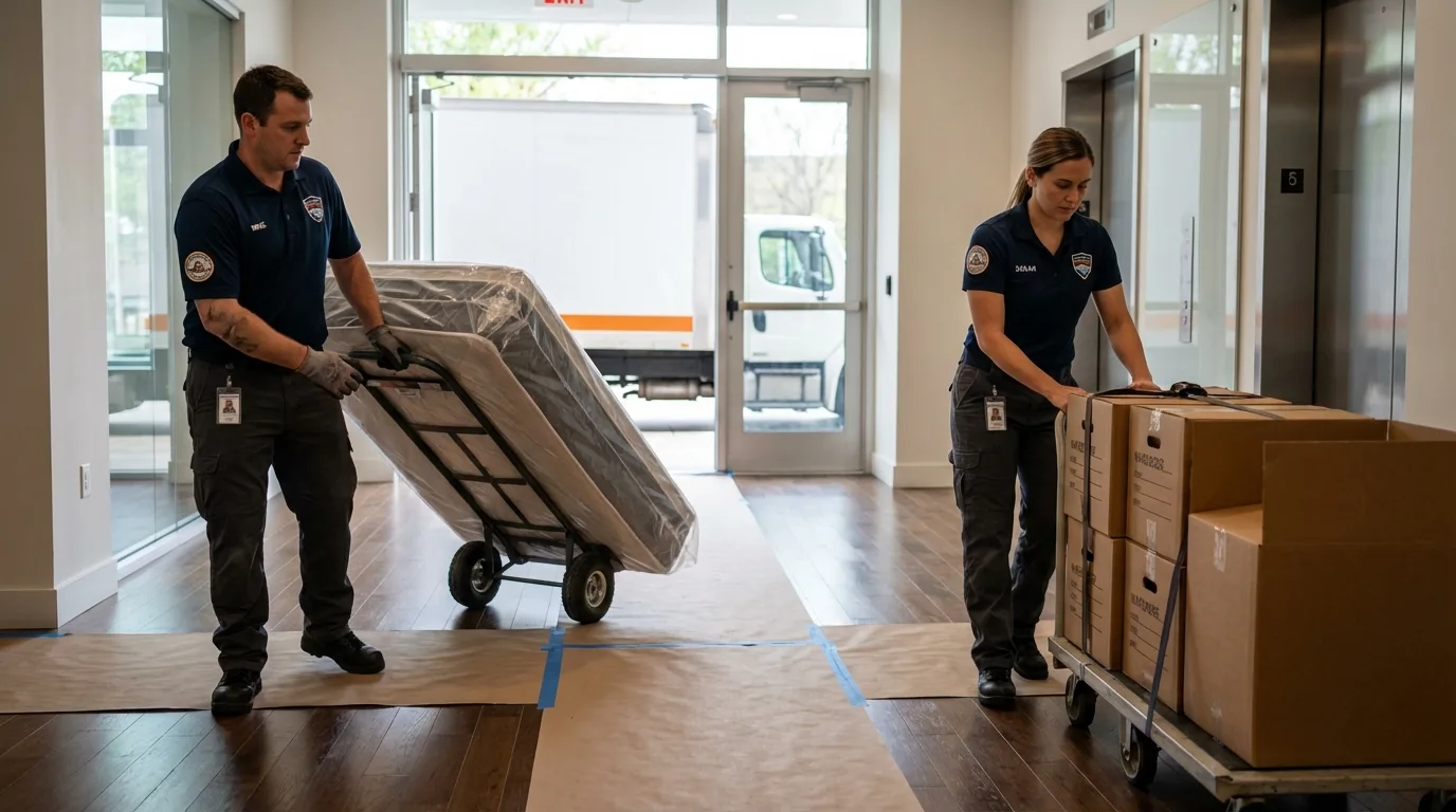 Professional apartment movers loading elevator in Spring Green, WI